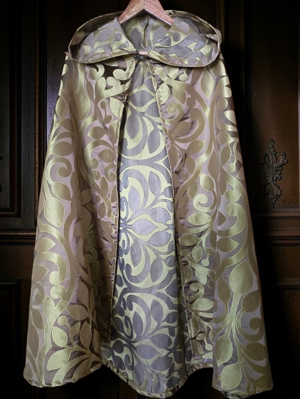 Renissance Medieval Hooded Cloak Cape Robe XL Whimsigoth Green Jaquard Wizard